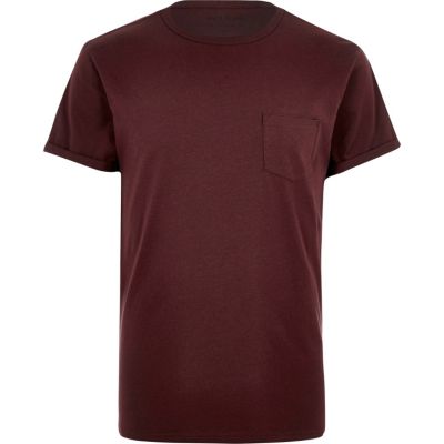 Dark red plain chest pocket t-shirt